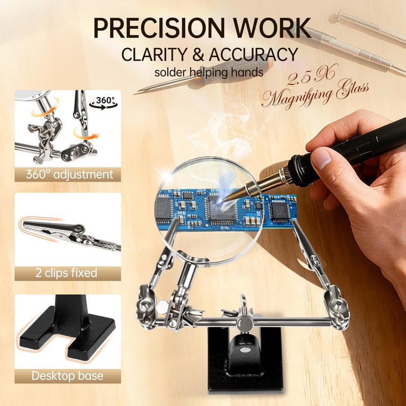 AORAEM Helping Hands Magnifier with Dual Adjustable Alligator Clips in 2.5X Magnifying Glass Soldering Station for Crafting, Hobby, Micro Objects (Not Include Battery) - Image 4